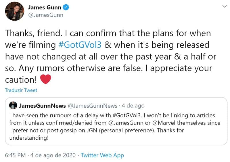 James Gunn afirma: Guardiões da Galáxia Vol.3 NÃO será adiado 