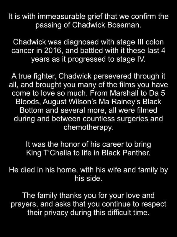 Chadwick Boseman, ator de Pantera Negra, morre aos 43 anos 