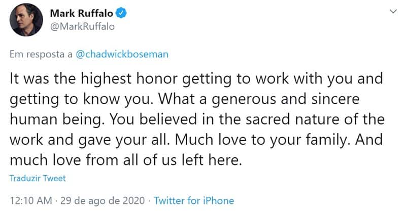 Mark Ruffalo lamenta morte de Chadwick Boseman: "Que ser humano generoso e sincero"