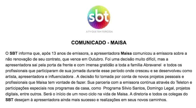Maisa deixa SBT após 13 anos de contrato com a emissora